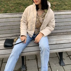 ZARA Cream Faux Leather Cropped Puffer